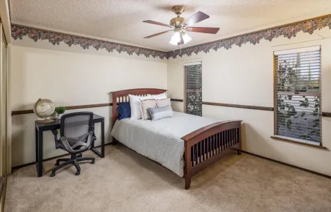 a bedroom with a bed a desk and chair