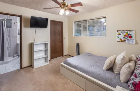 a bedroom with a bed and a flat screen tv