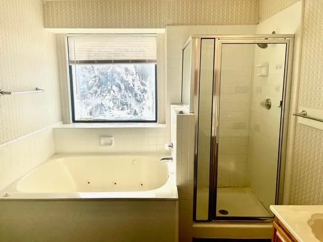 a bathroom with a bathtub and a shower