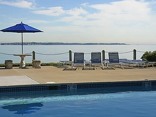 a view of a terrace with wooden floor