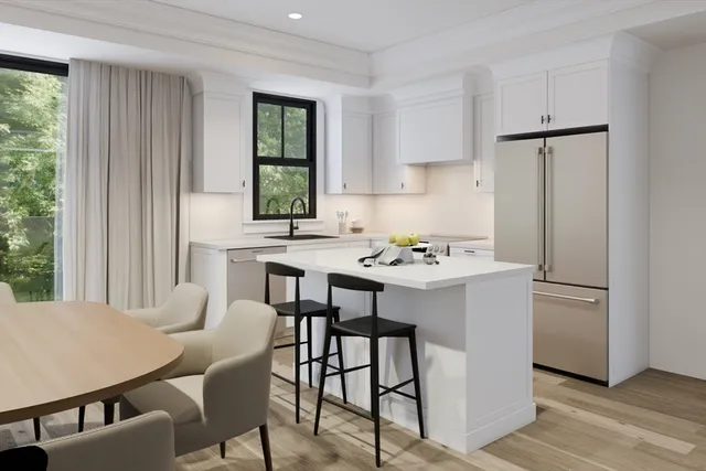 a view of a dining room with furniture and window