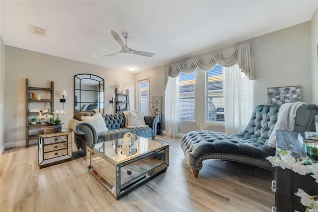 a bedroom with furniture and wooden floor