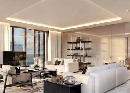 a living room with furniture a flat screen tv and a large window