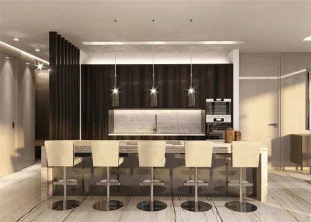 a kitchen with stainless steel appliances kitchen island granite countertop a refrigerator and cabinets