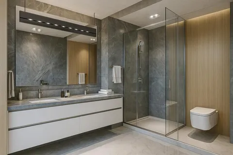 a bathroom with a double vanity sink mirror and toilet