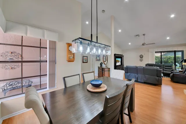 a view of a dining room with furniture