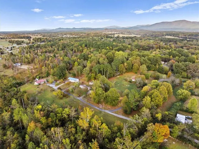 a view of a city with mountains in the background