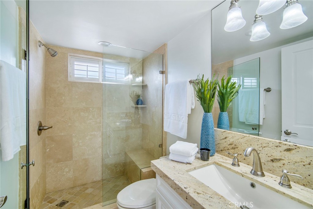 32041 Point Place Laguna Beach, CA 92651 - Photo 21 of 59 a bathroom with a granite countertop sink a toilet and shower