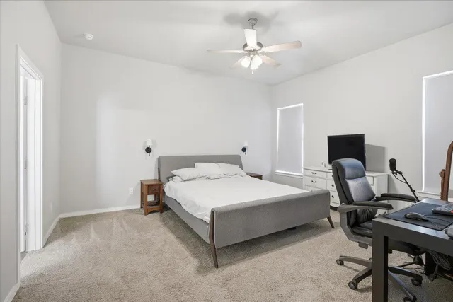 a bedroom with a bed a desk and chair