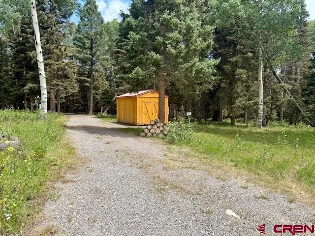 a view of a backyard with large trees