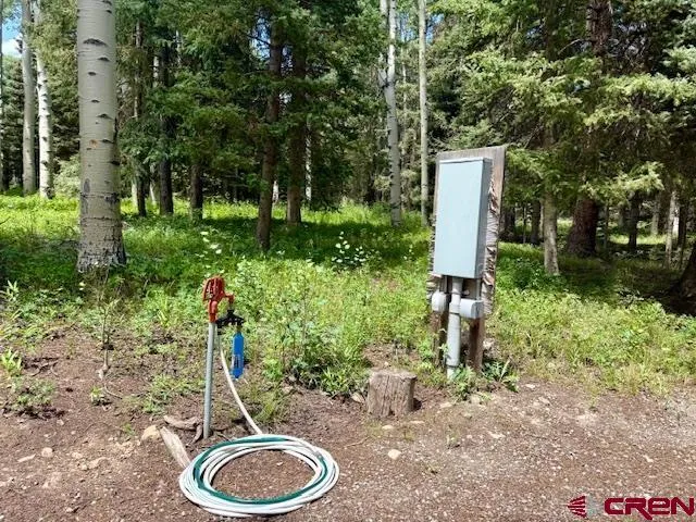 a backyard of a house with lots of green space and fountain
