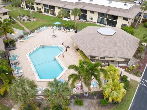 an aerial view of a swimming pool