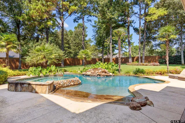 a view of swimming pool with outdoor seating and plants