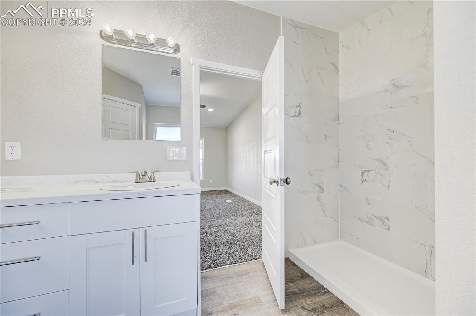 6605 Rio Road Peyton, CO 80831 - Photo 41 of 45 Bathroom with vanity and wood-type flooring