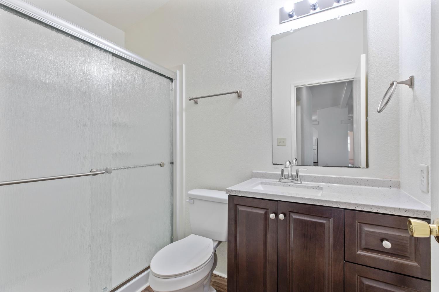 2113 Barrington Lane Modesto, CA 95350 - Photo 13 of 32 a bathroom with a sink a toilet a mirror and shower