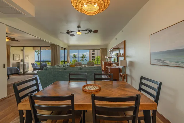 a view of a dining room with furniture
