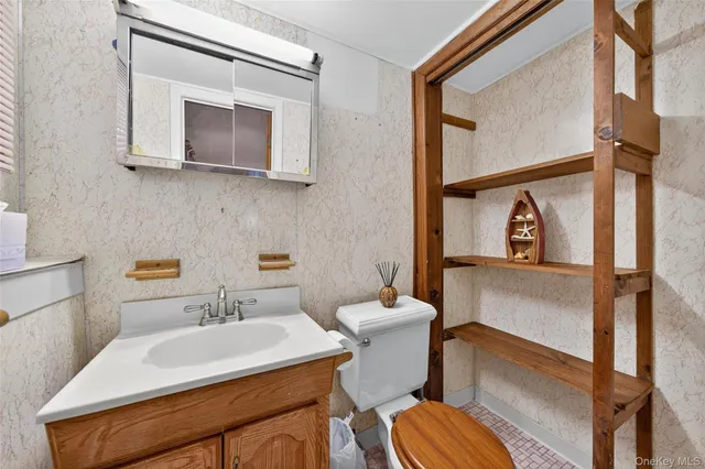 a bathroom with a sink a mirror and a toilet