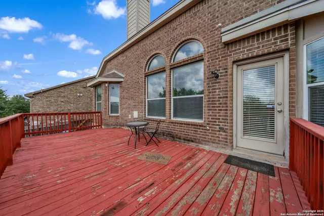 a porch with seating space