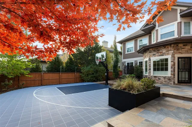 a view of a backyard with plants and tree