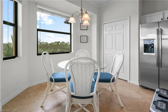 a view of a dining room with furniture window and outside view