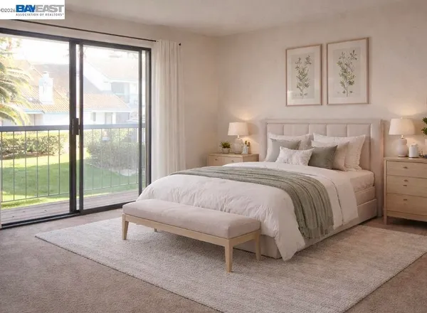 a spacious bedroom with a bed and a large window