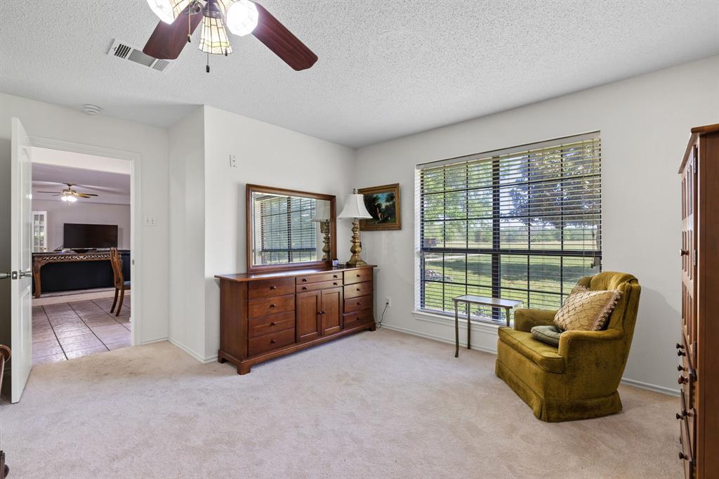 321 Vz County Road 2602 Wills Point, TX 75169 - Photo 18 of 39 Living area with light tile patterned floors, a textured ceiling, light carpet, visible vents, and a ceiling fan