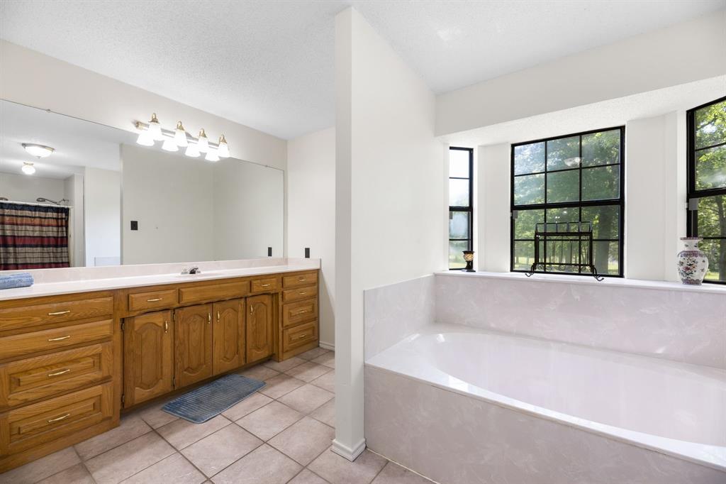 321 Vz County Road 2602 Wills Point, TX 75169 - Photo 20 of 39 Bathroom featuring a textured ceiling, a garden tub, vanity, and tile patterned floors