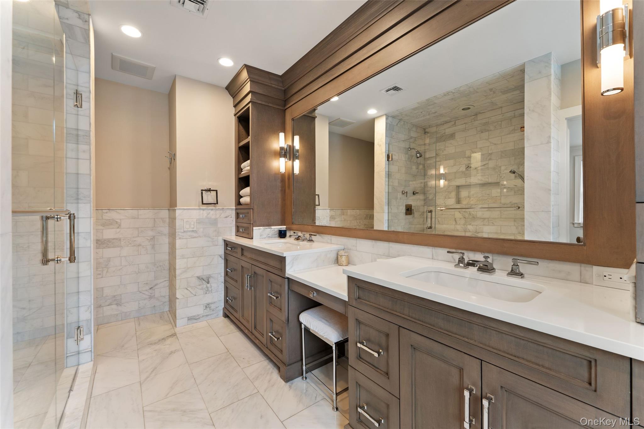 326 Heathcote Road Scarsdale, NY 10583 - Photo 18 of 40 Luxurious spa bathroom with double vanity, glass enclosed steam shower and custom cabinetry