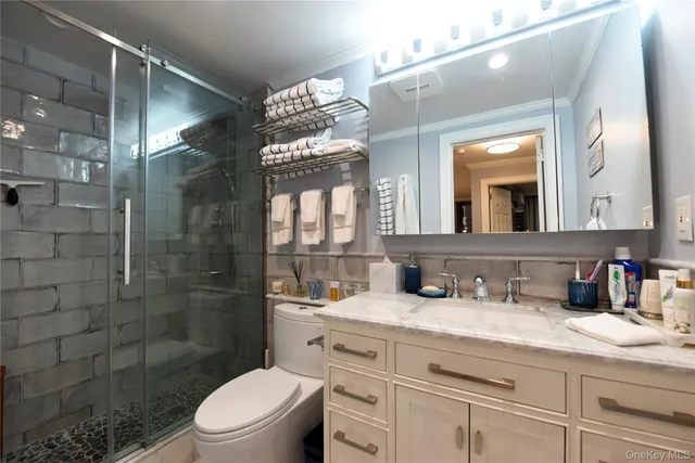 a bathroom with a toilet a sink a glass door a shower a mirror and vanity