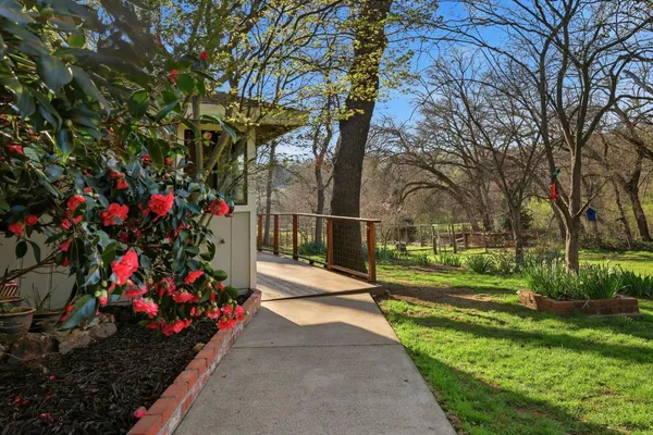 a view of a backyard with wooden fence