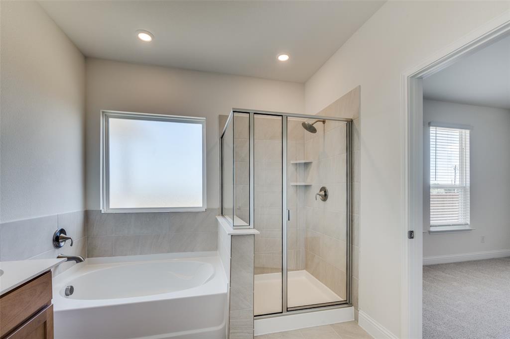 345 Fallbrook Drive Aledo, TX 76008 - Photo 12 of 32 Full bath featuring a garden tub, a shower stall, plenty of natural light, vanity, and recessed lighting