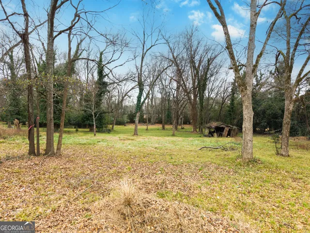 a view of a backyard with large trees
