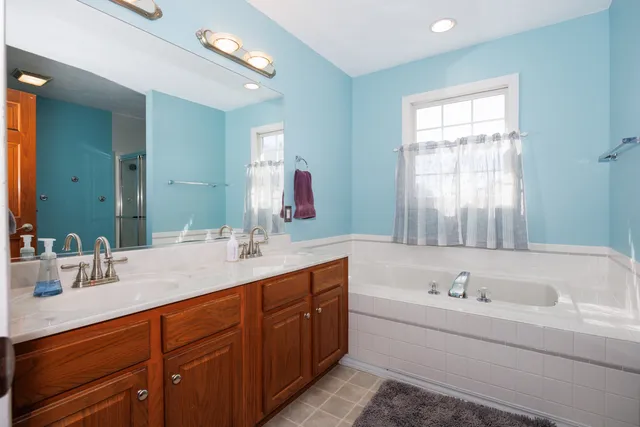 a bathroom with a tub sink and mirror