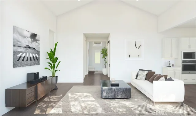 a living room with furniture and a potted plant