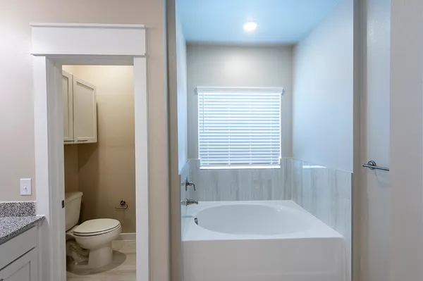 a bathroom with a tub a sink double vanity and a mirror