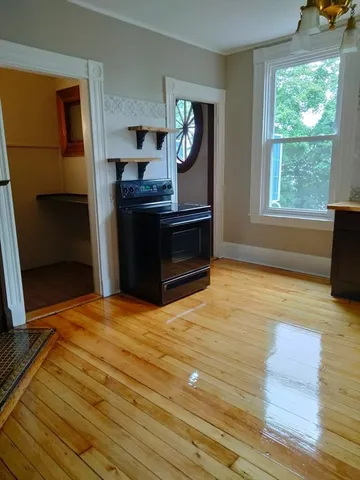 a view of kitchen island wooden floors wooden cabinets