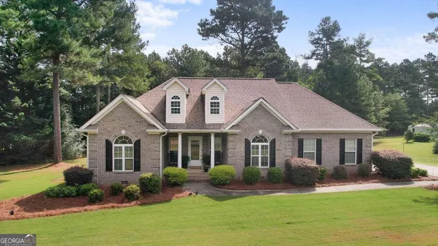 a front view of a house with yard and green space