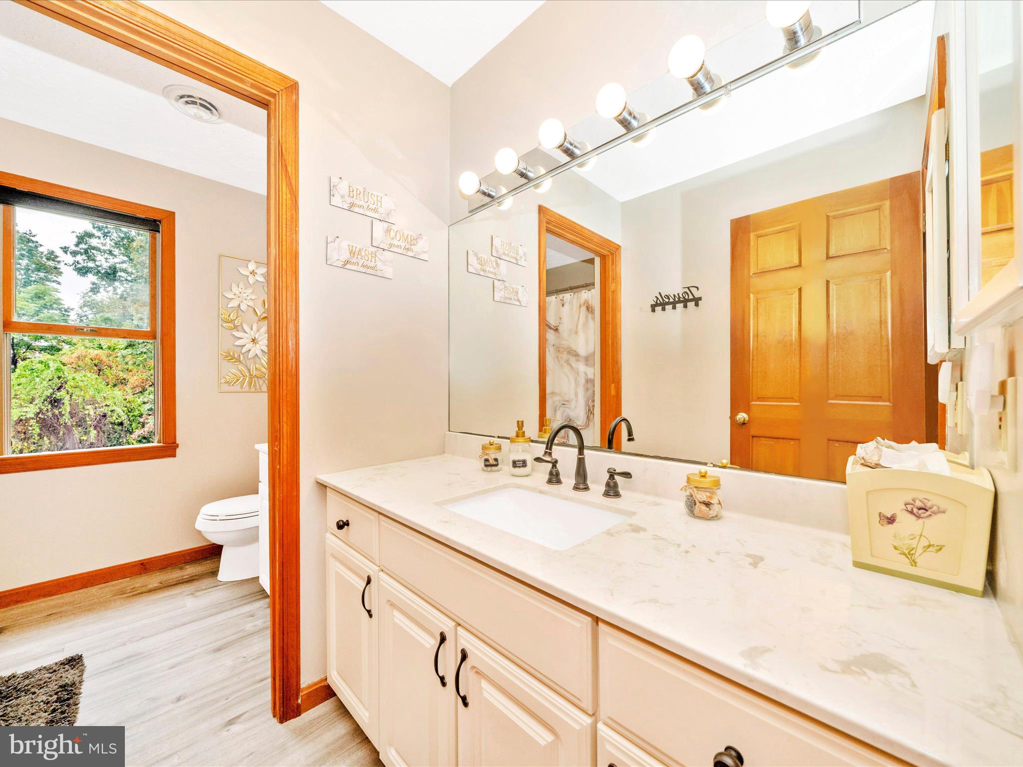 17879 Harbaugh Valley Road Sabillasville, MD 21780 - Photo 38 of 64 a bathroom with a granite countertop sink and a large mirror