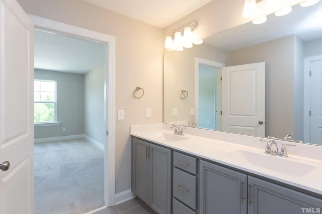 a bathroom with a sink double vanity and a mirror