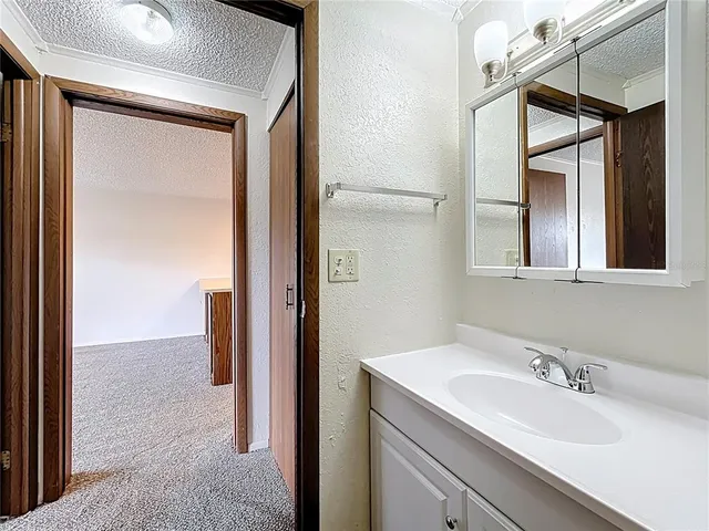 a bathroom with a granite countertop sink and mirror