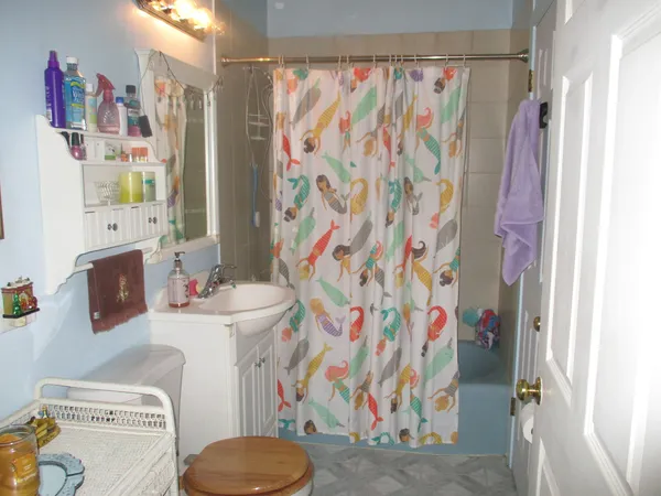 a bathroom with a sink toilet and shower curtain