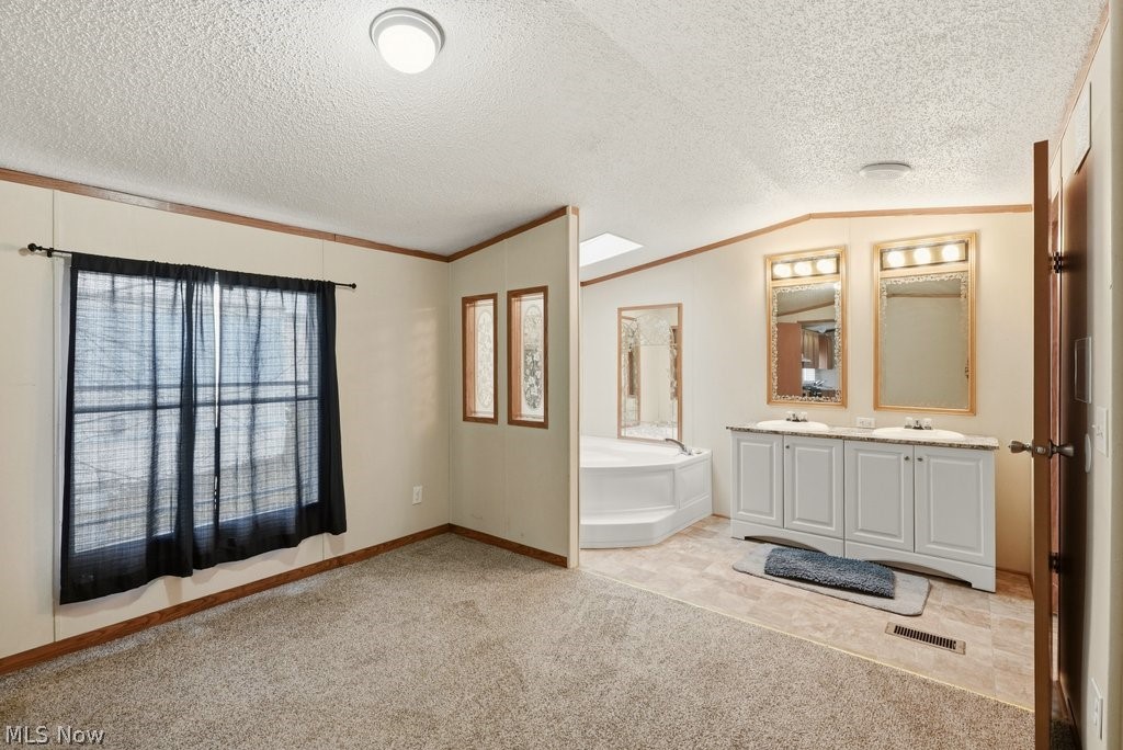 6507 Robby Lane Ravenna, OH 44266 - Photo 15 of 25 Unfurnished bedroom with double vanity, light colored carpet, ornamental molding, and a bath