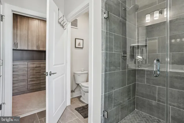 a bathroom with a shower and a toilet