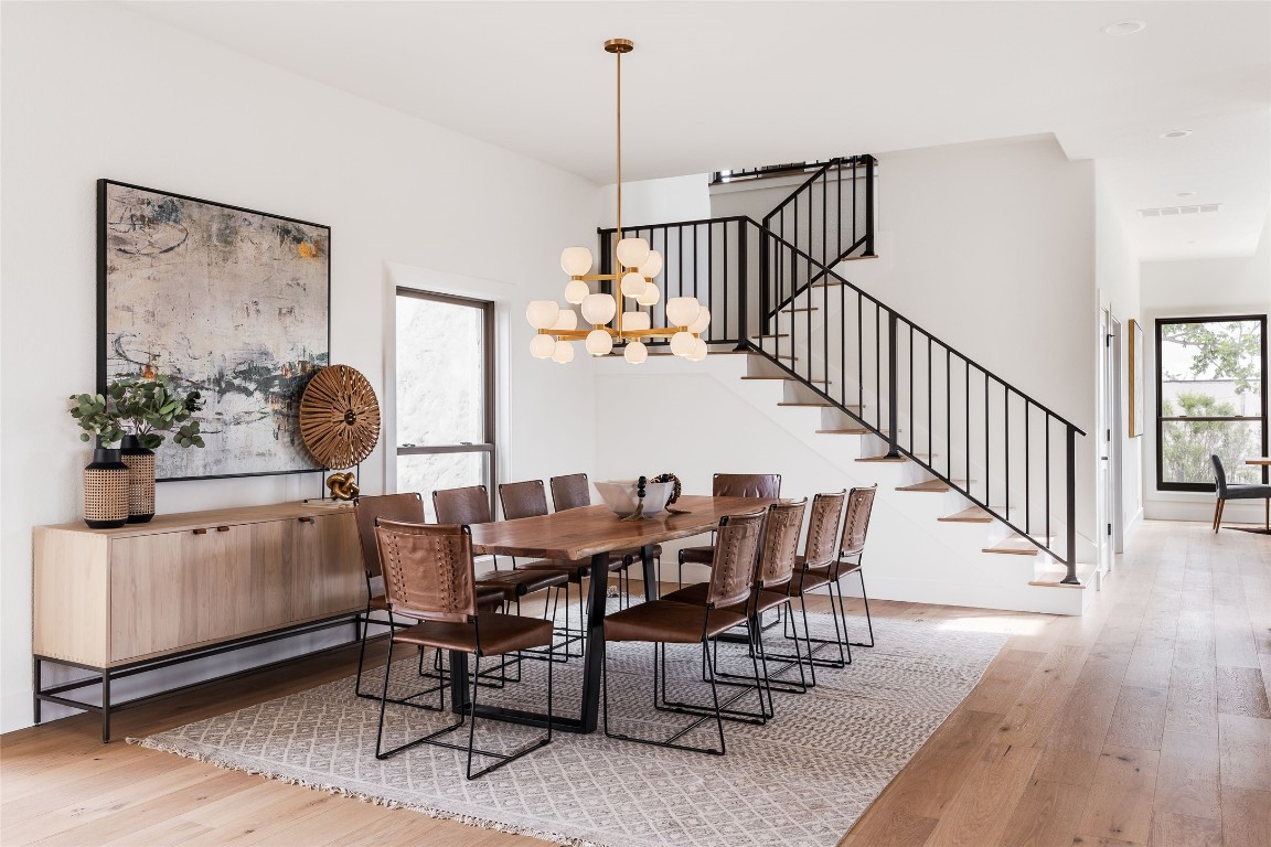 a view of a dining room with furniture