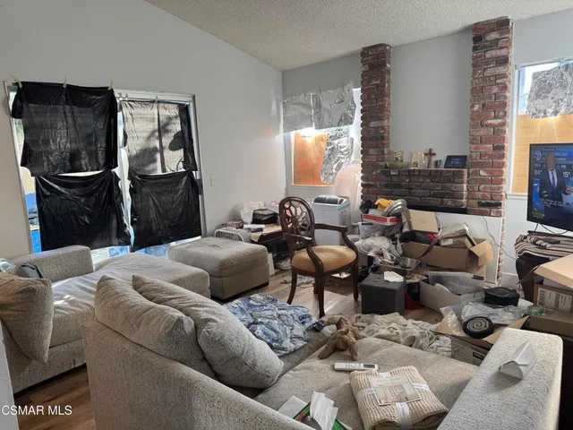 a living room with furniture window and a fireplace