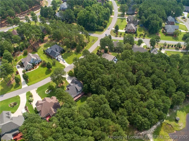 an aerial view of residential houses with outdoor space and trees all around