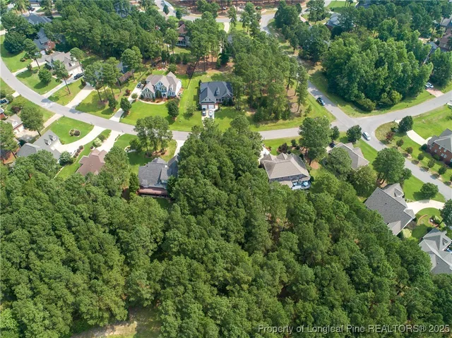 an aerial view of residential houses with outdoor space and trees all around
