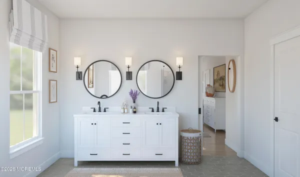 a bathroom with a double vanity sink mirror and a mirror