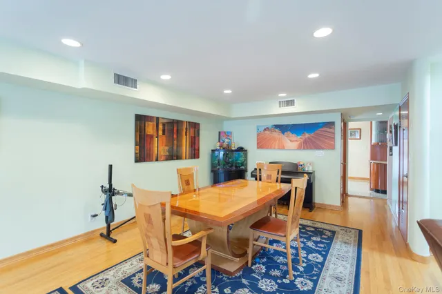 a view of a dining room with furniture