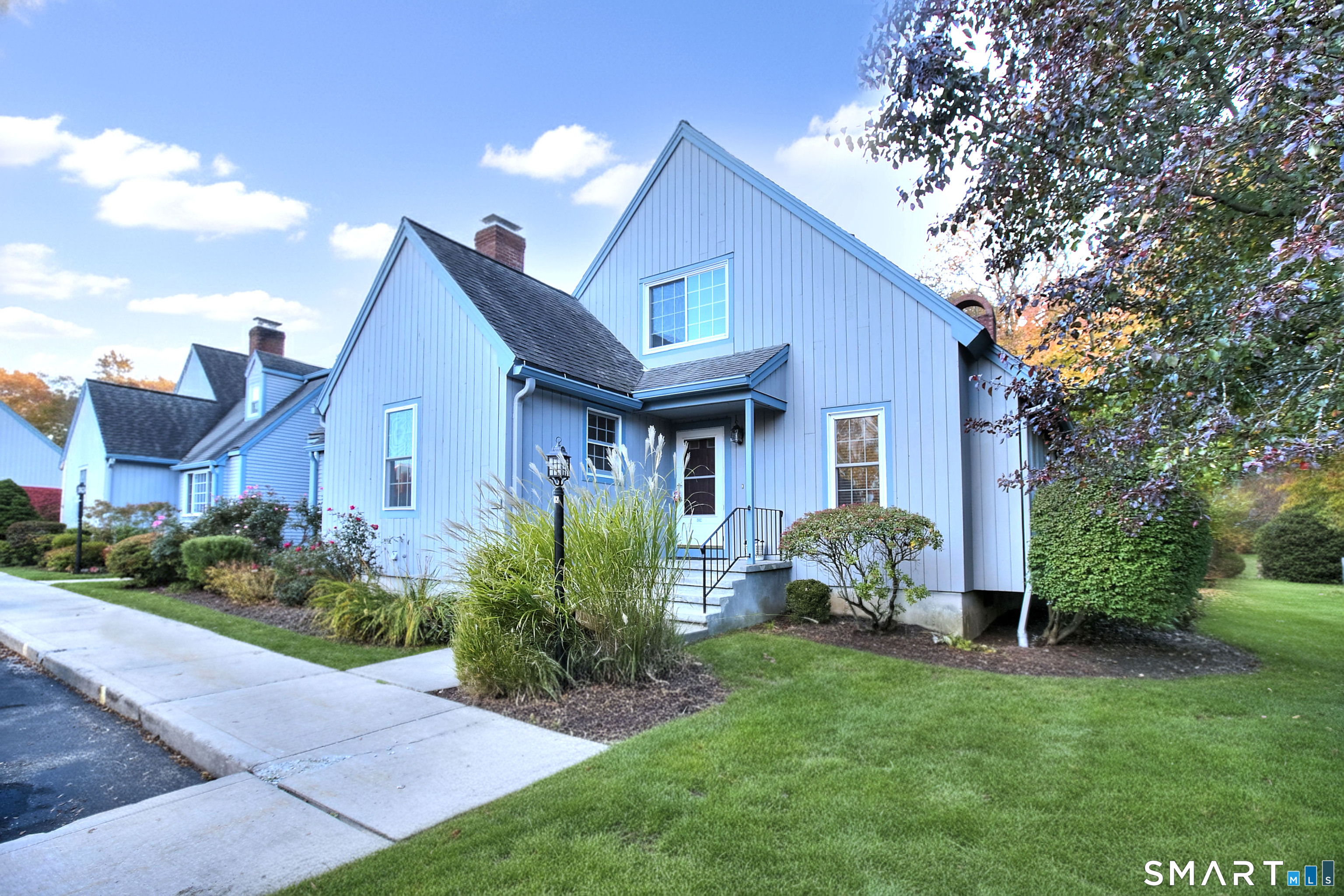 a front view of a house with a garden and plants
